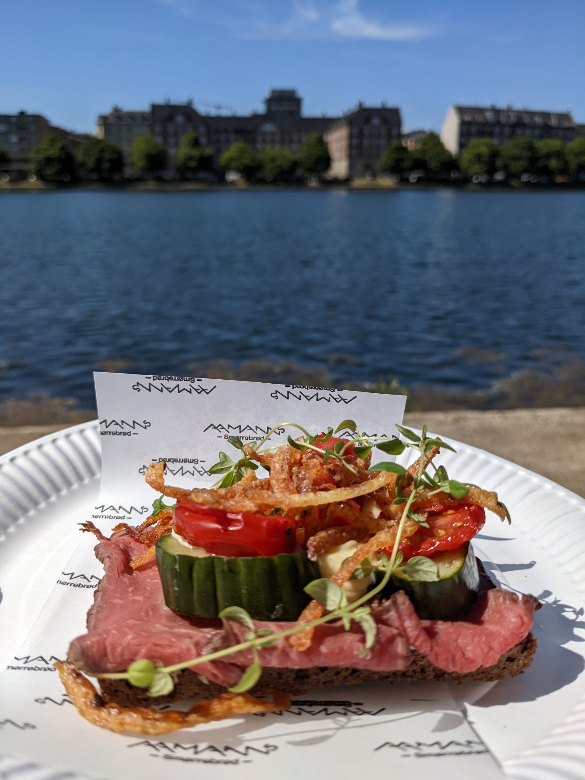 A plate holding an open faced sandwich sits in front of a lake
