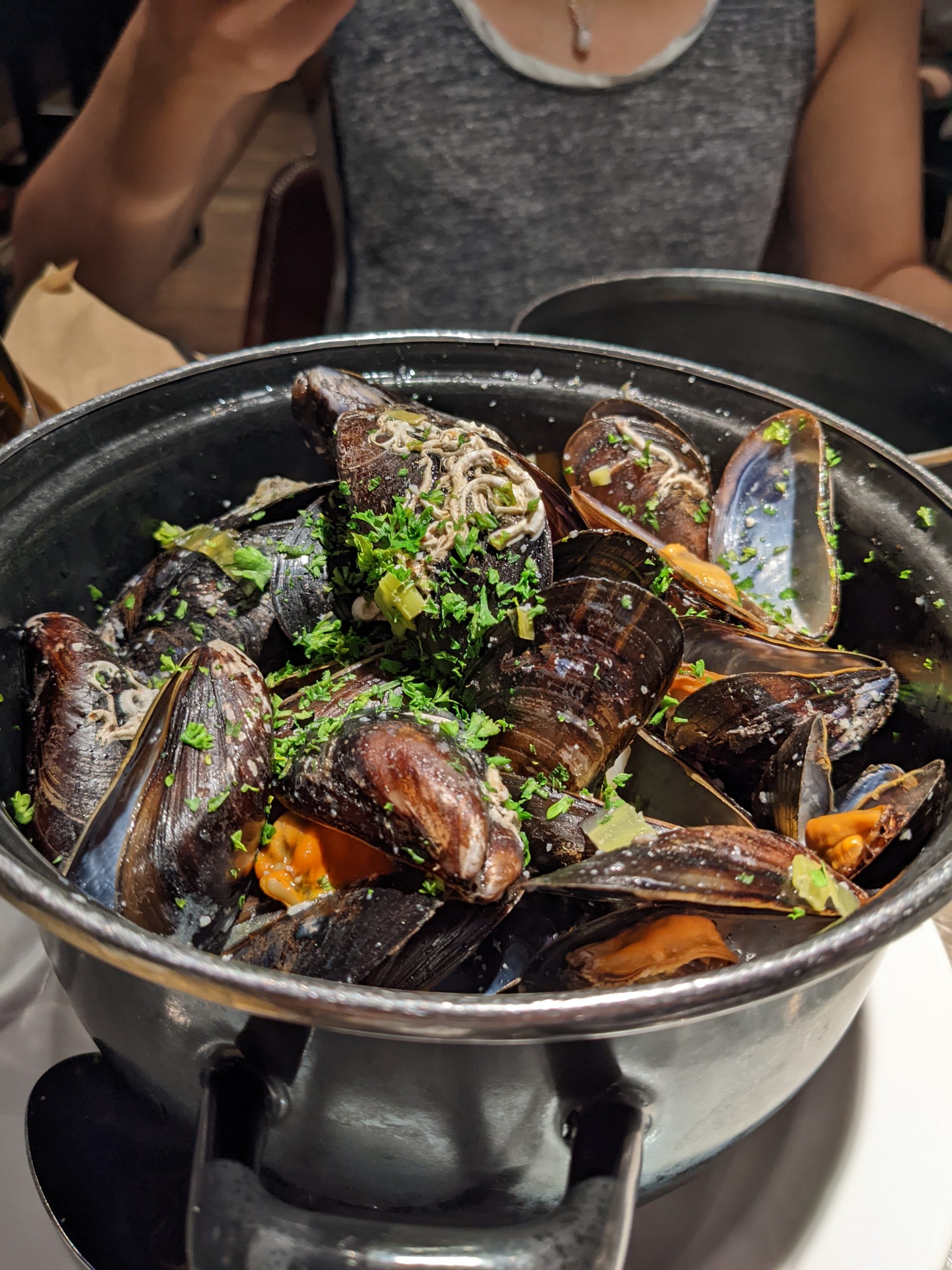 Pot of cooked mussels