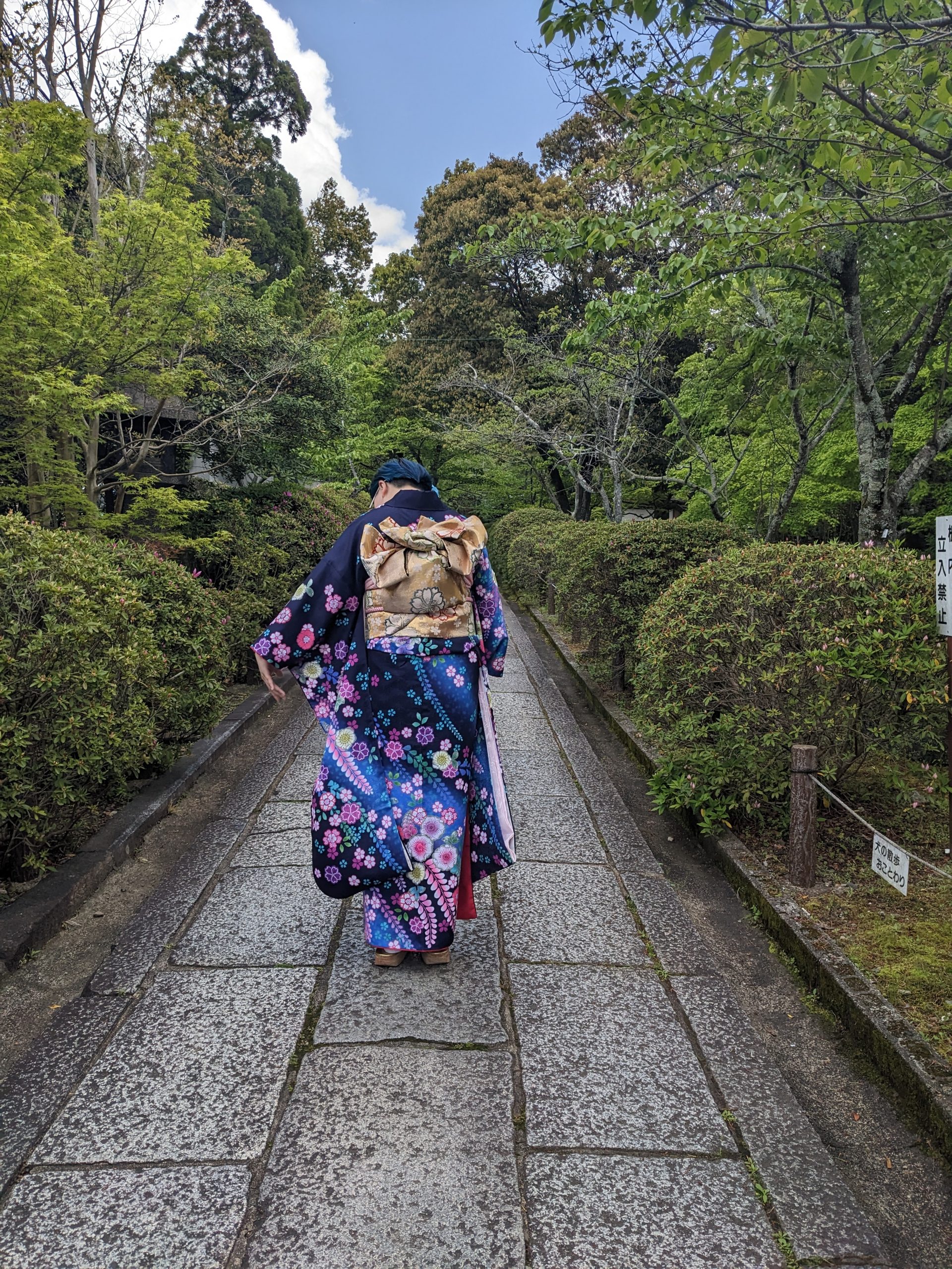 A girl wearing a kimono has her back turned towards the camera.